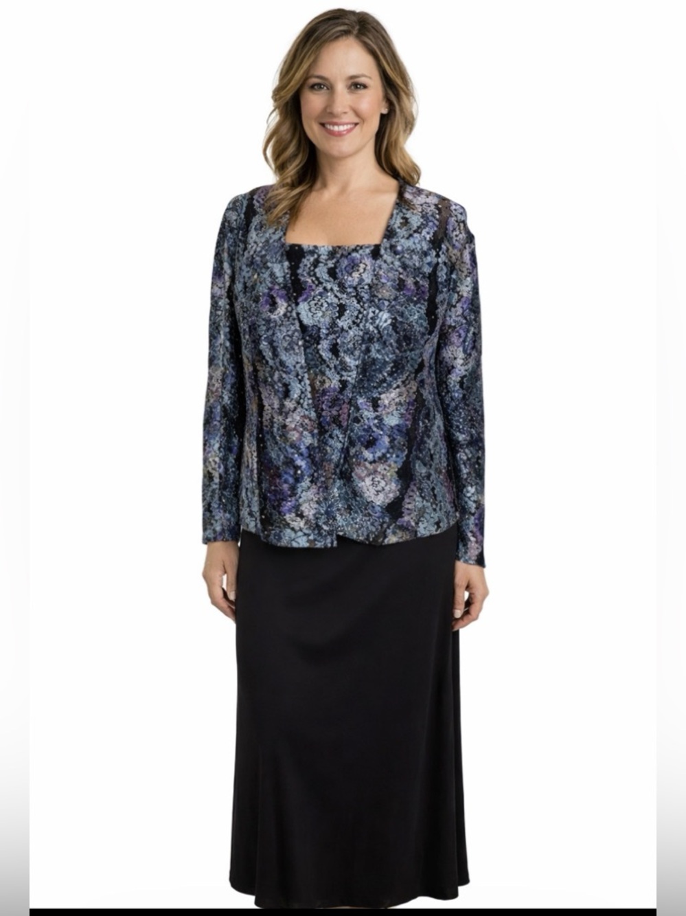 Alex Evenings Formal Tank and Shrug Set purple, blue and black XLP
